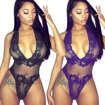 

2018 New AliExpress Popular Sexy One-Piece Suit European and American Sexy Deep V Lace Triangle Jumpsuit Women
