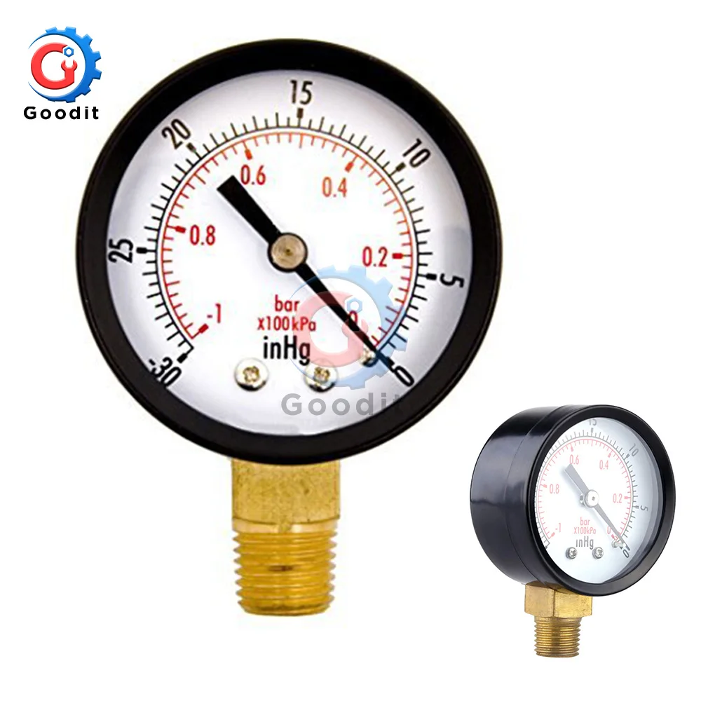 Black Портативный двойной шкальный манометр 1/" 1/8" NPT-30HG/0 PS вакуумный манометр циферблат дисплей манометр - Color: Black
