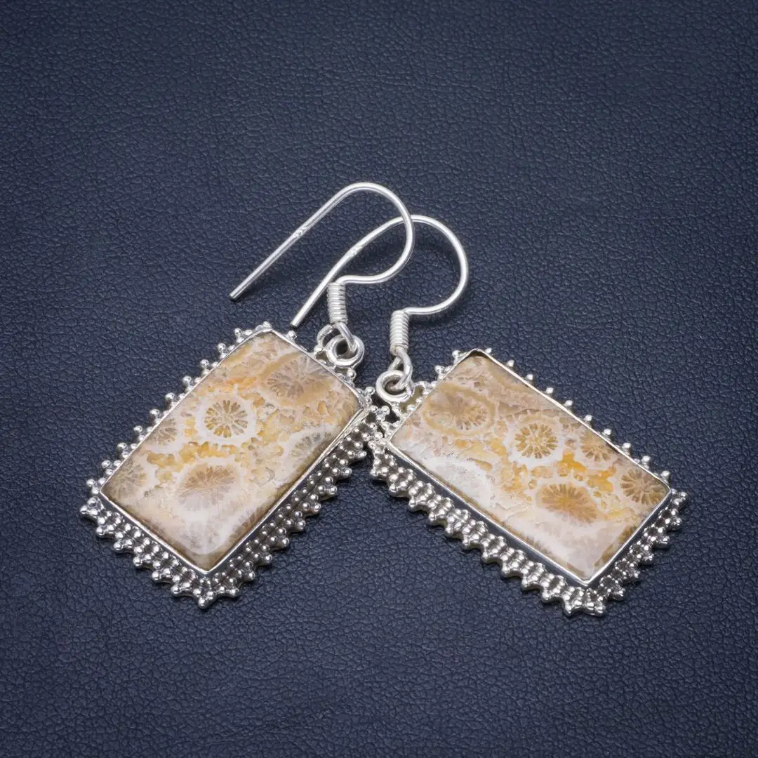 

Natural Fossil Coral Handmade Unique 925 Sterling Silver Earrings 1.75" B2008
