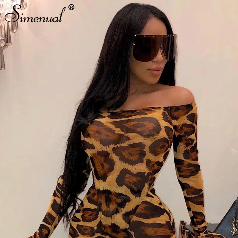 

Simenual Leopard Sexy Fitness Fashion 2019 Bodysuits Women Bodycon Off Shoulder Overalls One Piece Flare Long Sleeve Bodysuit