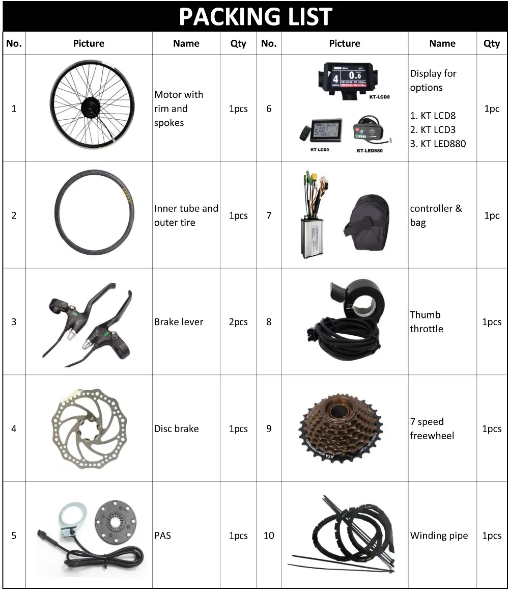 MXUS motor kit with tire packing list