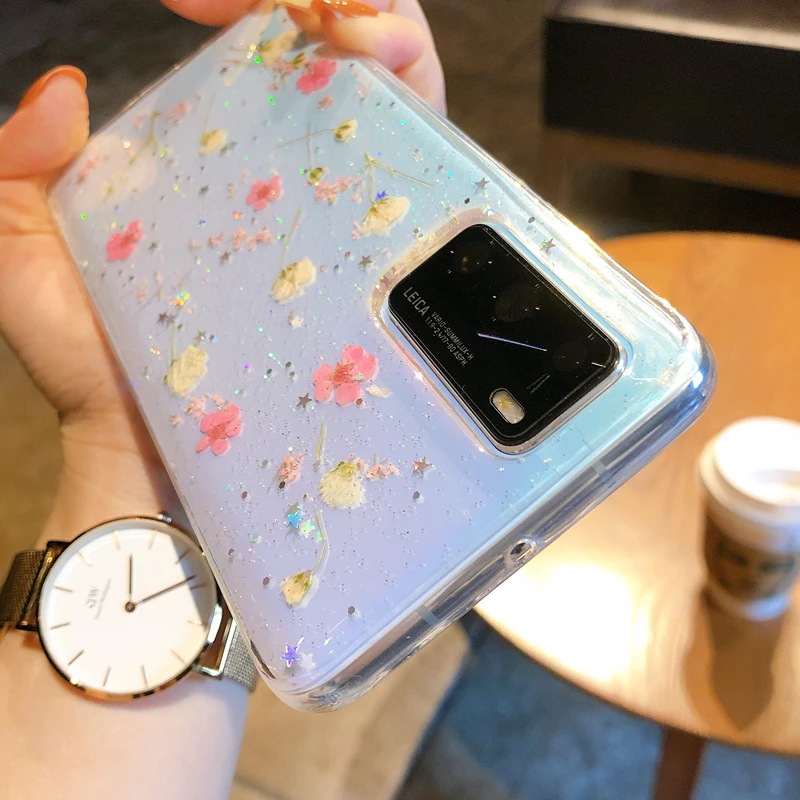 Elegant Real Dried Flower Glitter Soft Clear Phone Case