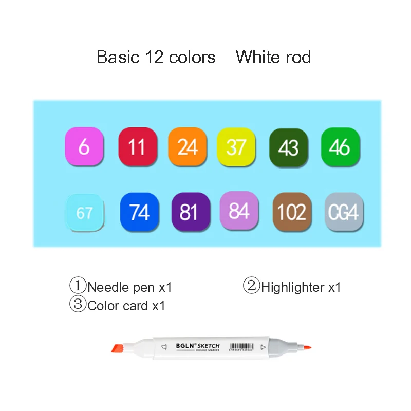 Markers brush Pen Set authentic student double-headed beginner 30/40/60/80 colors oil alcohol painting marker art supplies - Цвет: 12 color White rod