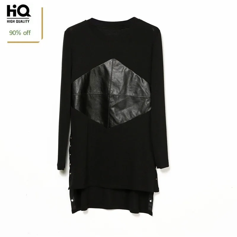 

Women Genuine Leather Spliced Dresses Black O-Neck Long Elegant Vintage Autumn Winter Ladies Dresses High Quality Women Fashion