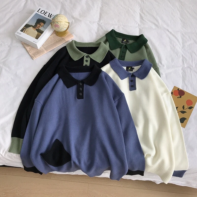 Autumn Polo Sweater Men Warm Fashion Contrast Casual Lapel Knit Sweter Man Clothes Streetwear Loose Long Sleeve Pullover Men Autumn Polo Sweater Men Warm Fashion Contrast Casual Lapel Knit Sweter Man Clothes Streetwear Loose Long Sleeve Pullover Men