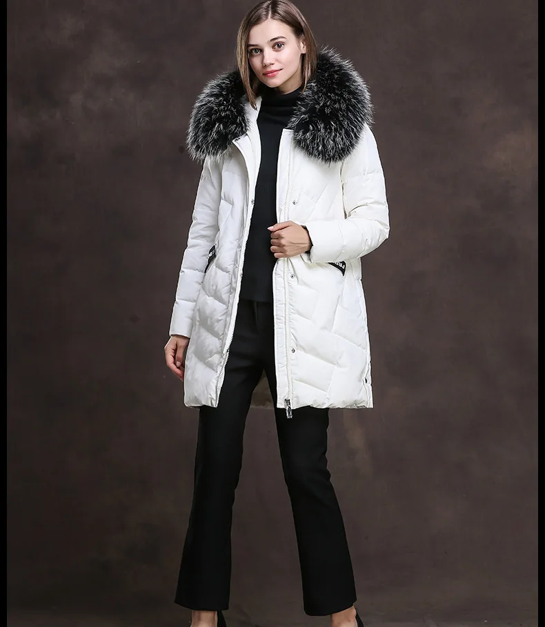 AYUNSUE/женская зимняя куртка-пуховик; теплая куртка-пуховик на утином пуху; Женская длинная куртка с капюшоном и воротником из натурального Лисьего меха; XRHD8707 KJ2938