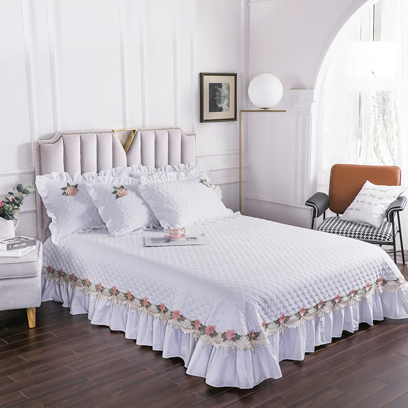 Luxury White Cotton Lace Design Quilting Blanket Bedspread Bed Sheet Bed Cover Pillowcases Full Queen King Size #/