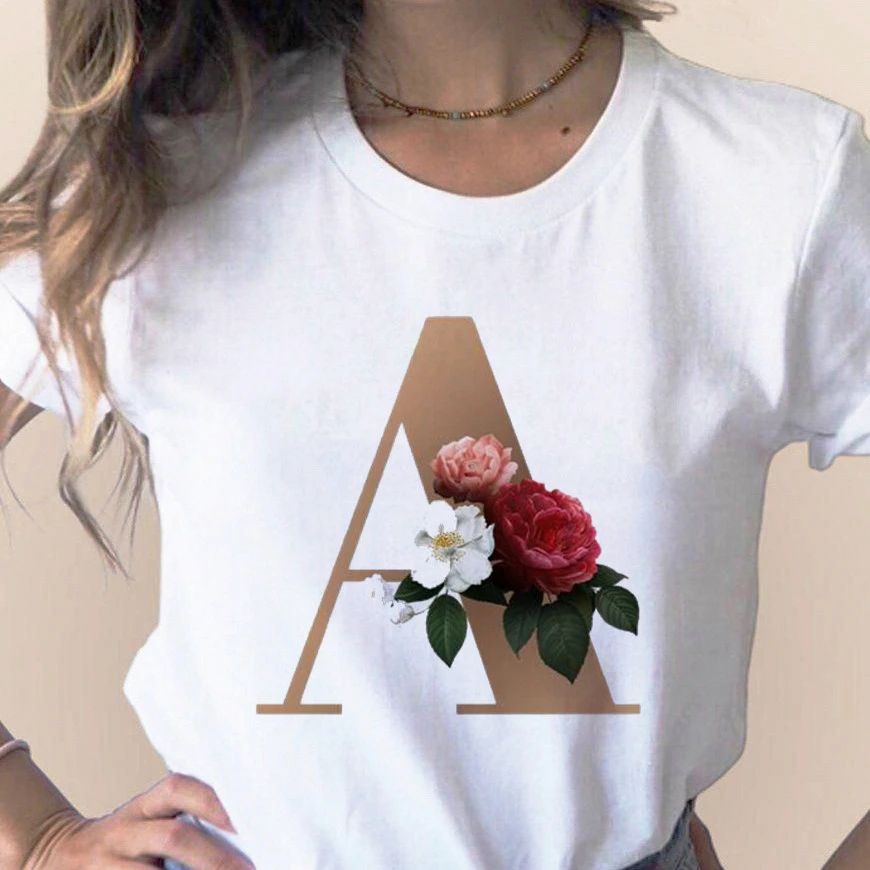 Camiseta personalizada para mujer, de letras con nombre, estampado, letras de flores para niña, fuente B E F G, ropa de manga corta, envío directo|Camisetas| - AliExpress