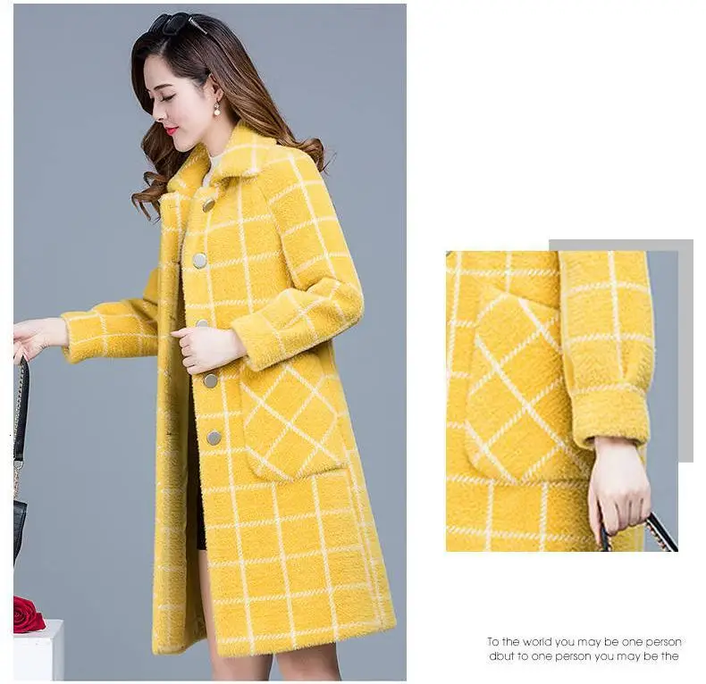Осень Зима Женское Норковое клетчатое шерстяное пальто с отложным воротником женское повседневное однобортное длинное пальто кардиган шерстяное пальто K191