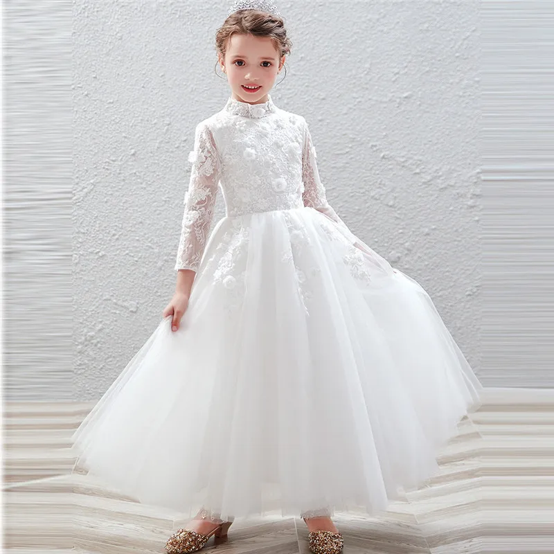 as pic white long Детское однотонное белое платье с цветочной аппликацией для маленьких девочек; Пышное длинное платье принцессы на день рождения, свадьбу; вечерние платья - Цвет: as pic white long