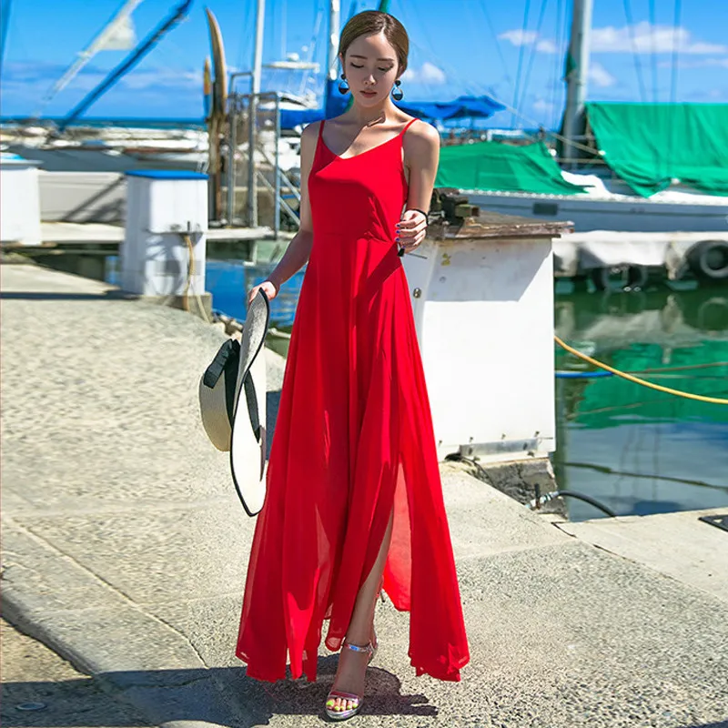 

Femme Robe Bohemian Sexy Beach Dress Chiffon Red Women Summer Dress 2020 Slim Maxi Dresses Long Boho Clothing FYY509 es