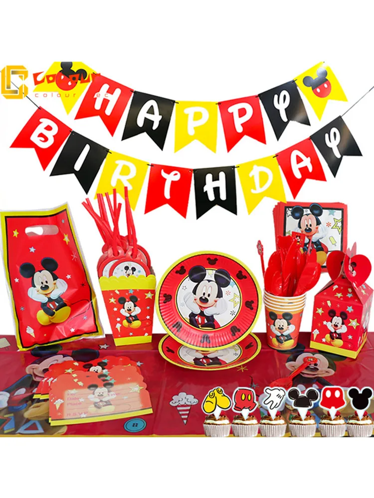 1Set Red Mickey Mouse Theme Disposable Paper Cups Plates Flexible Straws Baby Shower Kid Birthday Napkin Decoration Supplies