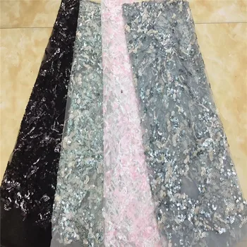 

Latest African Lace Fabric 2020 lake blue High Quality African French Net Laces With Sequins Embroidery Tulle Lace For Dresses