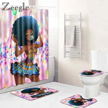 

Zeegle African Woman 4pcs Bathroom Shower Curtain with Mat Set Toilet Cover Mat Non-Slip Bath Rug Waterproof Bath Curtain Set