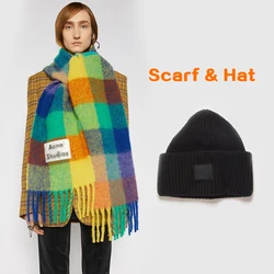 Scarf And Hat Cashmere Shawl in Autumn and Winter2021,Winter Fashion Colored Chequered Scarf Warms Students'Necks and Thicker