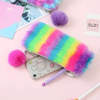 

Rainbow Travel PU Plush Makeup Bag Cute Pouch Zipper Handbags Fur Women Cosmetic Bag Girl Washing Case Student Pencil Case