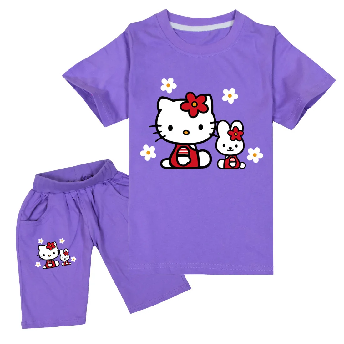 thumbnail image 1 of Traje de Hello Kitty para niños, Top con estampado de dibujos animados bonitos para niñas + Pantalones cortos, conjunto de dos piezas, camiseta de manga corta para niños + Pantalones deportivos para n, 1 of 5