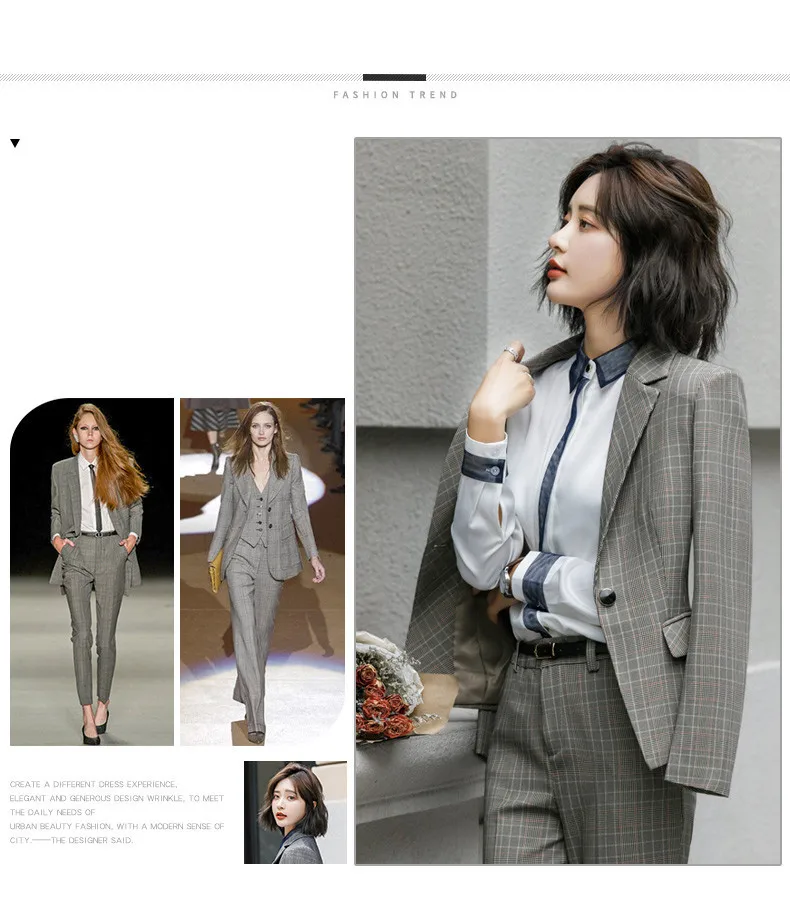 Women's Fashion Plaid Suits, Long Sleeved Business And Office Ladies Blazer Pants Work Wear Costume Femme Traje Mujer Maternity