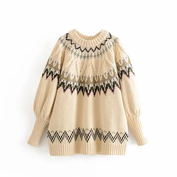 

Za women's new round neck long sleeve rib decoration layer mix fabric Vintage jacquard sweater 05755131050 in autumn 2019