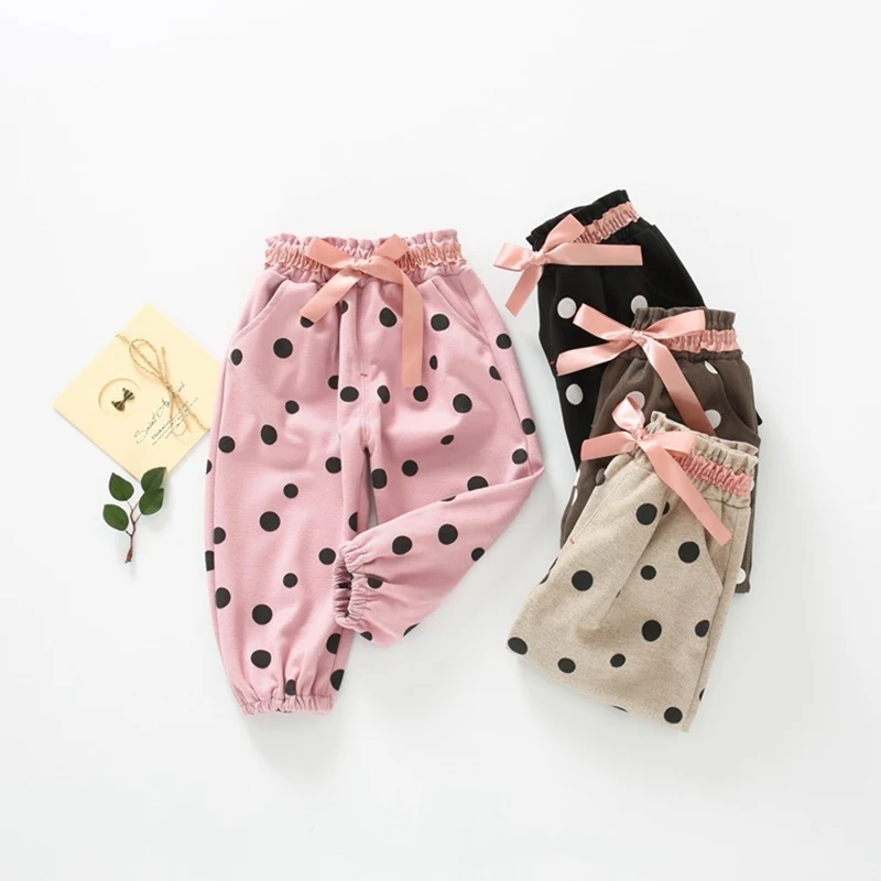 

Casual Autumn Dot Polka Pants Trousers For Baby Girls Kids Infants Children Clothes Bow Loose Princess Long Bloom Pant S9580