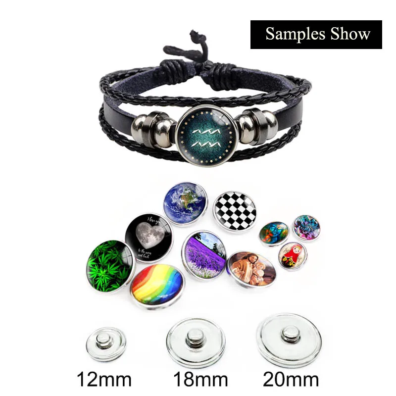 10mm 14mm 16mm 12mm 20mm 25mm 393 12pcs/lot Zodiac Mix Round Glass Cabochons Jewelry Findings 18mm Snap Button Charm Bracelet