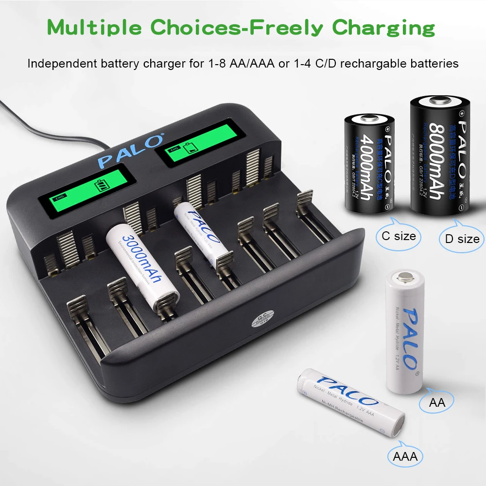 Palo USB Smart LCD Charger for Rechargeable Battery AA AAA SC C D Size 1.2V+16pcs AA Battery+16pcs AAA Battery for toys camera
