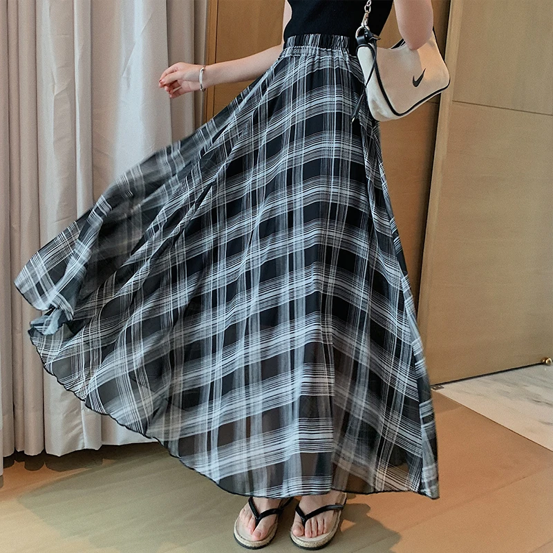 Women Long Chiffon Plaid Skirt Summer Autumn Elegant Runway Korean Skirts for Casual Office School Fashion | Женская одежда