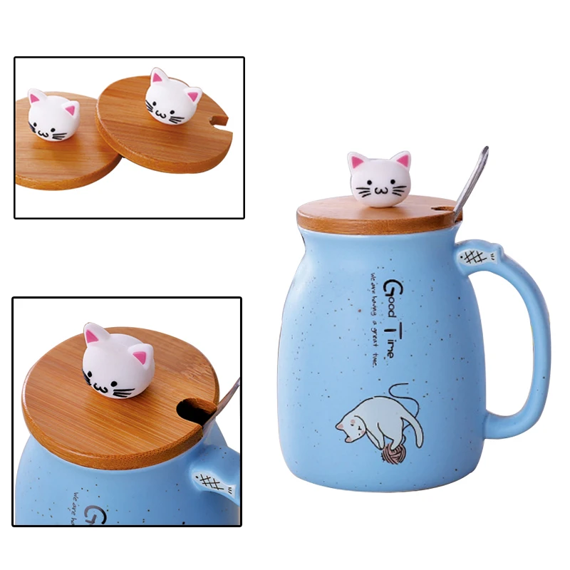 Милая термостойкая чашка с рисунком кота из мультфильма, цветная чашка с крышкой, керамическая кружка с котенком, молоком, кофе, детская чашка для дома, офиса, школы