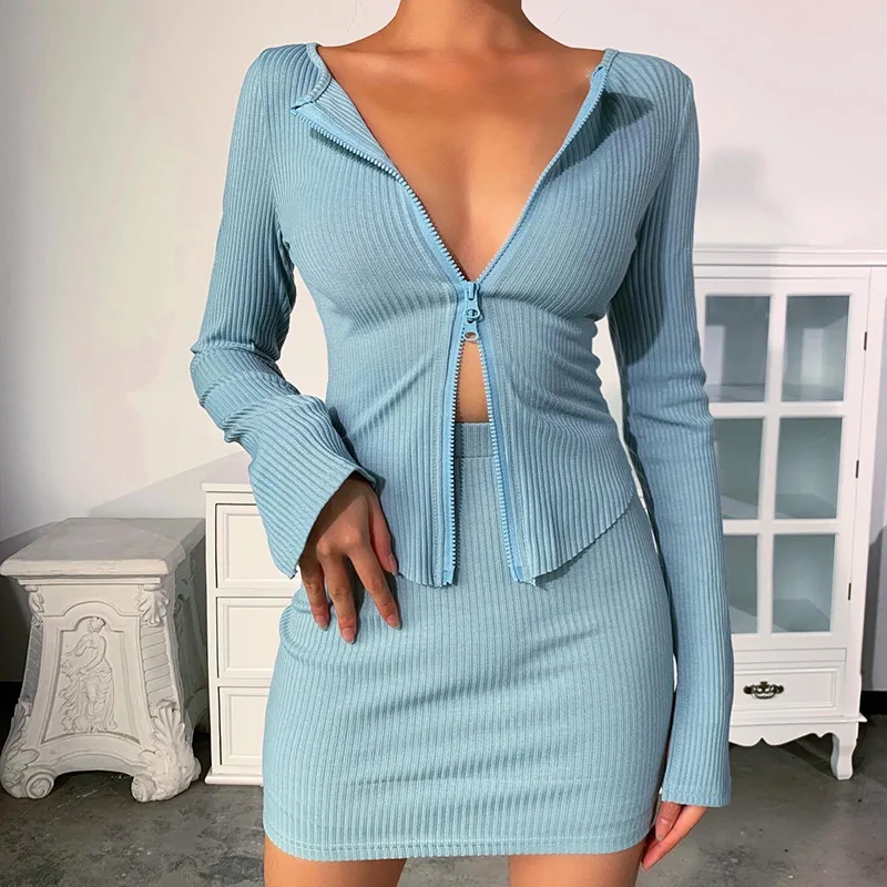 

European and American Autumn Style New Sexy Zipper Cardigan Long-sleeved V-neck Top Slim-fit Skirt Solid Color Women's Clothing