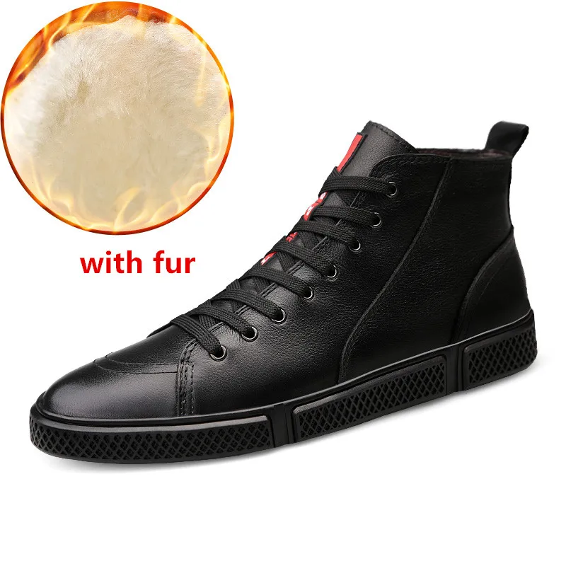 black fur Мужские Водонепроницаемые ботинки из натуральной кожи; мужская повседневная обувь; модные теплые плюшевые ботильоны на меху для мужчин; зимние мужские ботинки с высоким берцем - Цвет: black fur