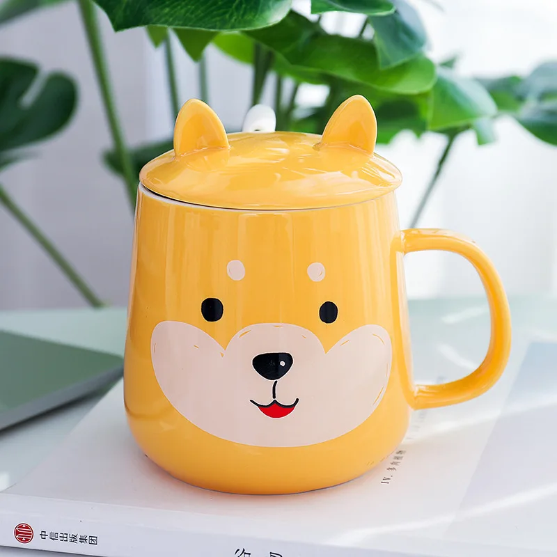 Yellow dog Мультяшная панда творческие керамические чашки с крышкой Ложка Студенческая Милая чашка офисная чашка для кофе и молока парные чашки - Цвет: Yellow dog