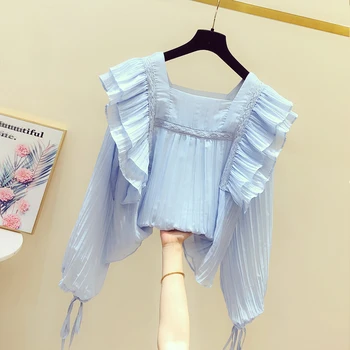 

Shirt Women's Loose-Fit Square Collar Korean Style Spring and Autumn Lace Panel Ruffle Blouse Sweet Chiffon Shirt Blouses Tops