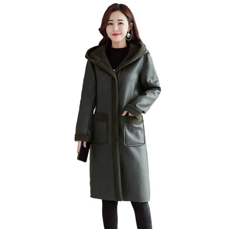 autumn and winter new ladies explosion models fashion loose thin plus velvet thick leather coat windbreaker tide
