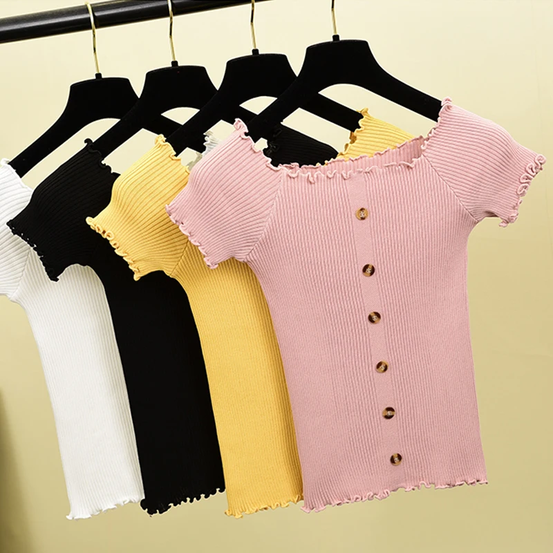 

Fashion Slim Off Shoulder Summer Knit T-Shirt Casual Women Sexy T Shirt Thin Harajuku Crop Top Tee Button Short Sleeve Tshirt
