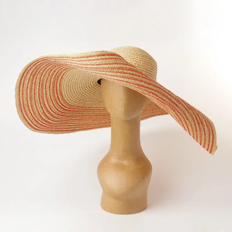 

Fashion Hand-woven Straw Hats Colored Striped Edges Raffi Straw Hat Sun Shade Beach Women Cap Sunken Large Brim Women Hat Summer