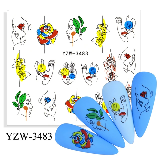 Colorful Face Flower Stickers Nail Stickers Transfer Nails Water Decal Nail Decals Leaf Sticker Series Watermark Nails Geometric YZW-3483