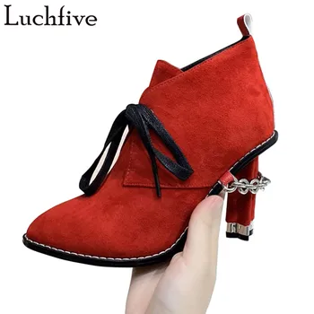 

Chains Strange Heels Winter Boots Lace Up Pointy Toe Shoes Woman Sexy Runaway Outwear Red Black Short Boots Women