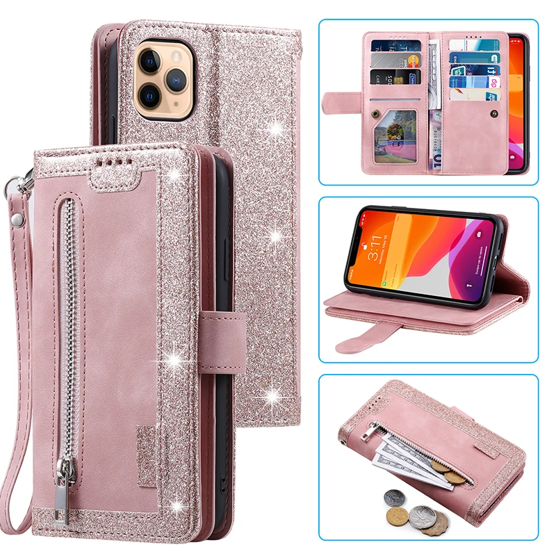 New 9 Cards Zipper Flip Leather Case For iPhone 13 12 Pro Max 11 Pro SE 2020 10 X 6 6s 7 8 Plus XR XS Max Wallet Book Phone Case phone carrying case Cases & Covers