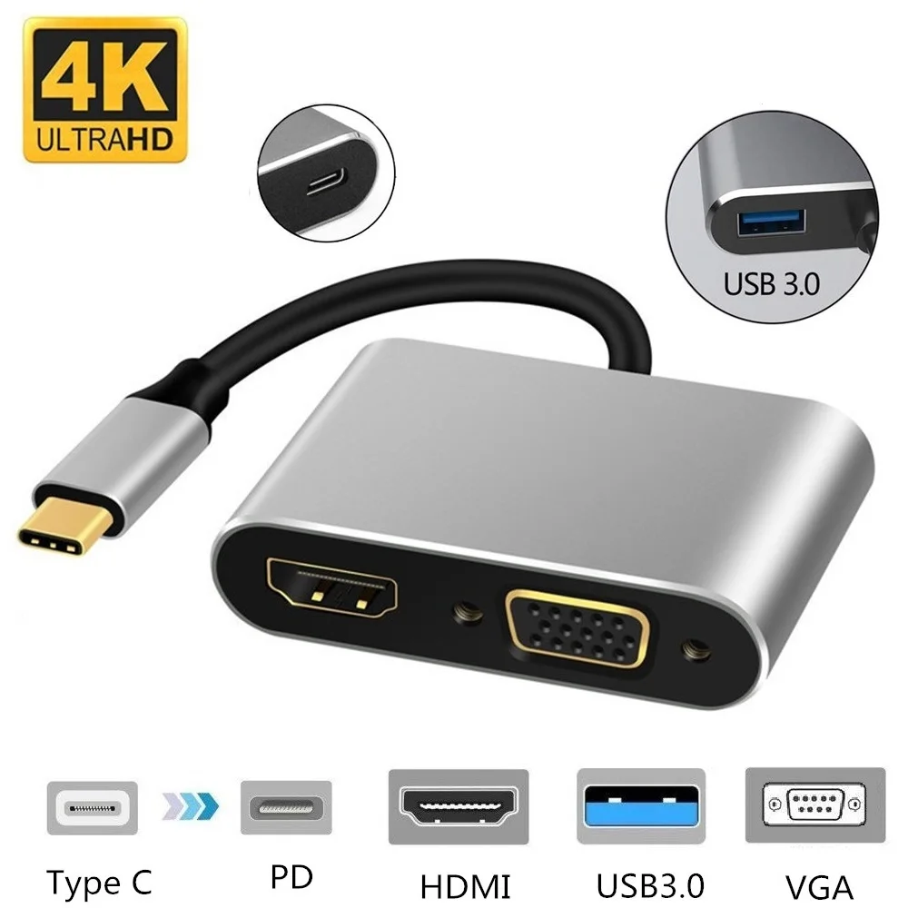 4 в 1 USB C HDMI Type c к HDMI 4K адаптер VGA USB3.0 аудио видео конвертер PD 87W быстрое зарядное устройство для Macbook pro Samsung s9 s10|Кабели USB| | АлиЭкспресс