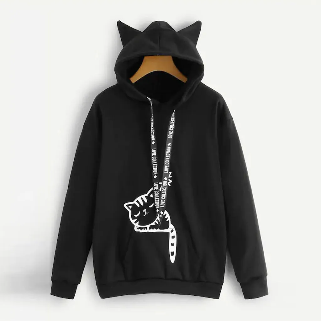 

Womens Cat Print Hoodies Long Sleeve Car Ear Hoodie Female Sweatshirt Hooded Kawaii Hoody Pullover Ladies Tops sudadera mujer