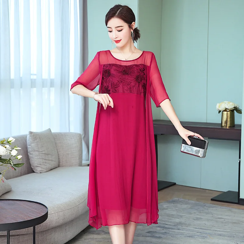 

Mulberry Silk Skirt Embroidered Crew Neck WOMEN'S Dress 2019 Spring And Summer New Style Slimming Elegant Mid-length Silk Dress