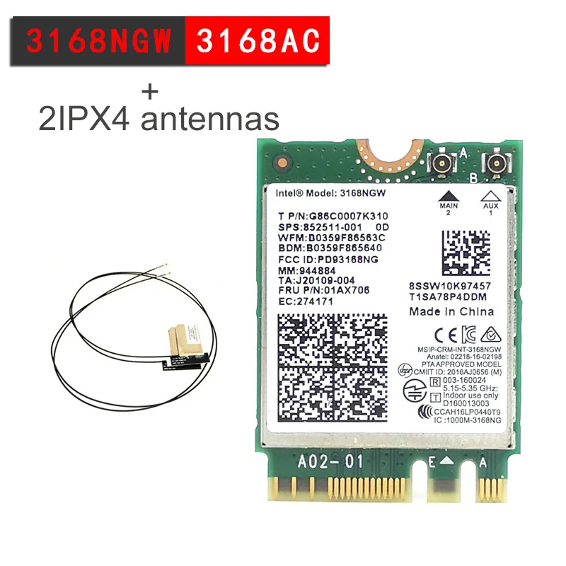 Dual Band 2.4G/5Ghz Wireless-AC Intel 3165 3168 NGFF 802.11ac WiFi 3165NGW M.2 WLAN Card + Bluetooth 4.0 Network card 2 antenna