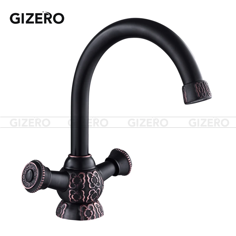 Black bronze GIZERO черные бронзовые смесители с двойной ручкой медный резной кран для раковины 360 градусов Носик сушильный смеситель краны GI160 - Цвет: Black bronze