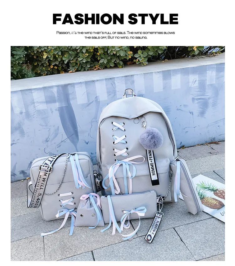 Chain Canvas female book bag backpack 5pcs/set school bag schoolbag travel pack fashion Tassel women teenage teenagers girl