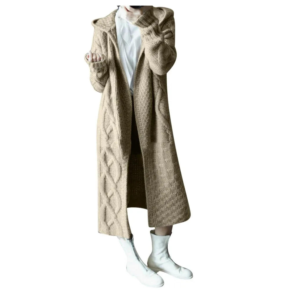 Женское пальто, Женский Осенний вязаный свитер, кардиган, Повседневный плащ с длинным рукавом, зимняя теплая накидка с капюшоном, Длинная Верхняя одежда#45 - Цвет: Khaki
