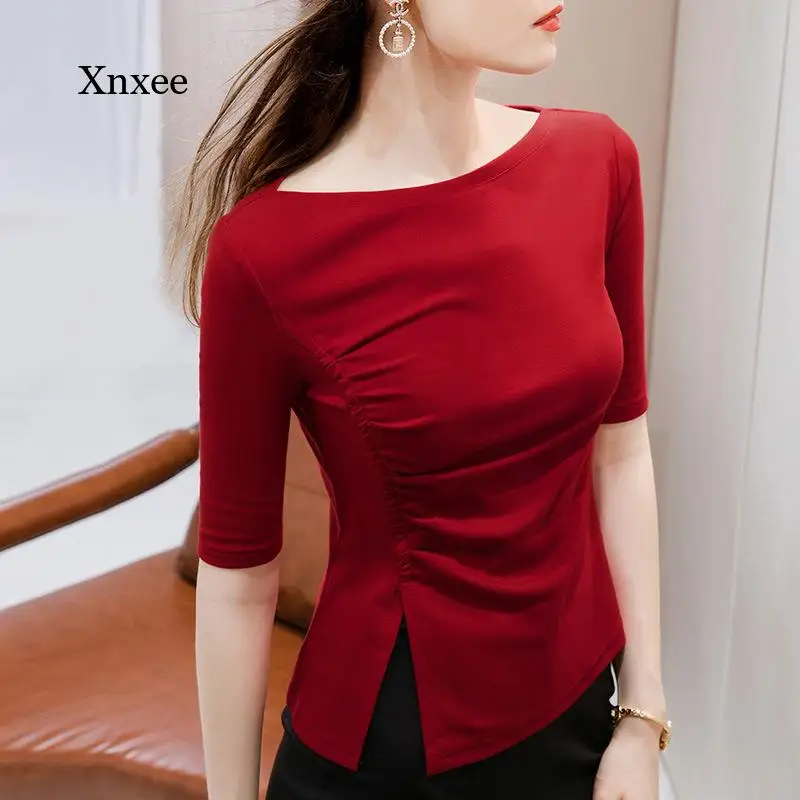 

Elegant Split Slash Neck Tops Women Sexy Gothic Vent Shirt Harajuku Patchwork Solid Shirt Korean Ol Temperament Fold Clothes