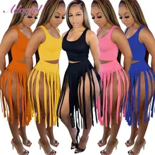

Fitness Women Summer Two Piece Set Solid Sleeveless Vest Crop Tops Tassel Shorts Suit Outfit Sportwear Two Piece Set