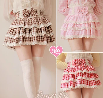 

Princess sweet lolita skirt Soft amo high waist bow pink plaid laciness puff cake bubble short skirt culottes mini skirt B0873