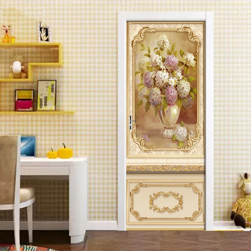3D красивые золотые цветы наклейка на дверь для гостиной спальни DIY ПВХ самоклеющиеся обои водонепроницаемые