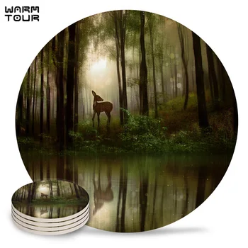 

4/6/8 PCS Elk River Water Leaves Trees Forest Placemat Ceramic Drink Coasters Table Decoration Absorbent Moisture